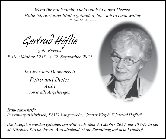 Traueranzeige von Gertrud Höflie von Zeitung am Sonntag