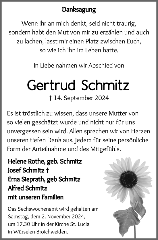 Traueranzeige von Gertrud Schmitz von Zeitung am Sonntag