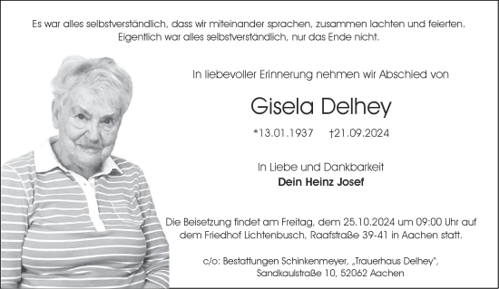 Traueranzeige von Gisela Delhey von Aachener Zeitung