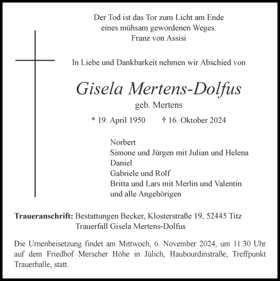 Traueranzeige von Gisela Mertens-Dolfus von Zeitung am Sonntag