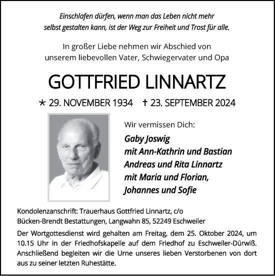 Traueranzeige von Gottfried Linnartz von Zeitung am Sonntag