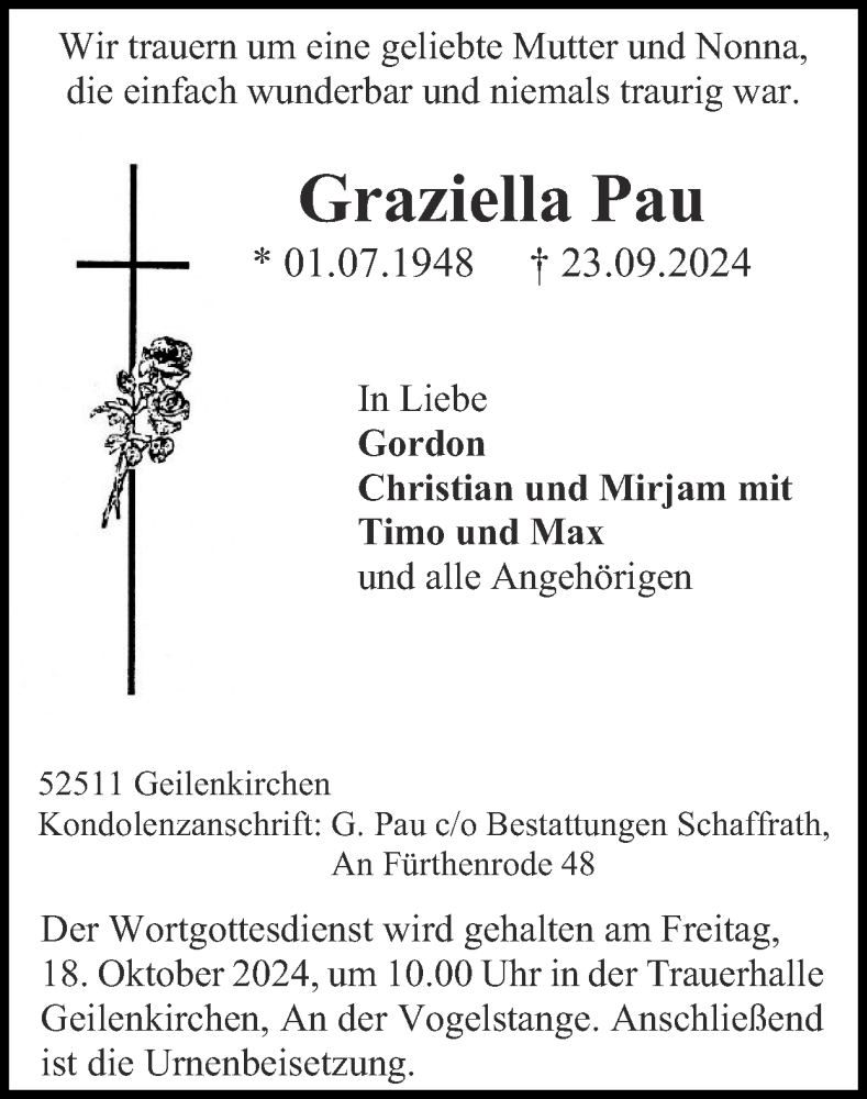  Traueranzeige für Graziella Pau vom 13.10.2024 aus Zeitung am Sonntag