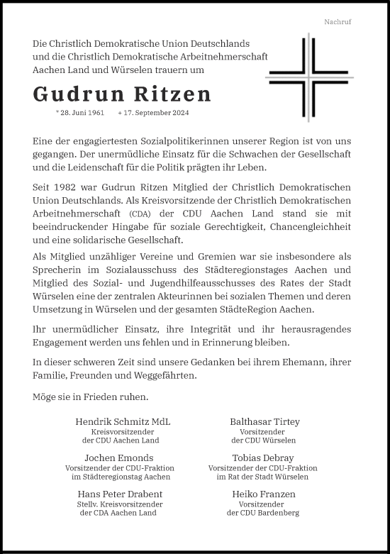 Traueranzeige von Gudrun Ritzen von Zeitung am Sonntag