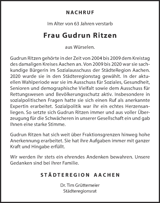 Traueranzeige von Gudrun Ritzen von Zeitung am Sonntag