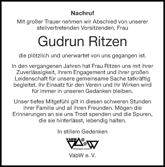 Traueranzeige von Gudrun Ritzen von Zeitung am Sonntag