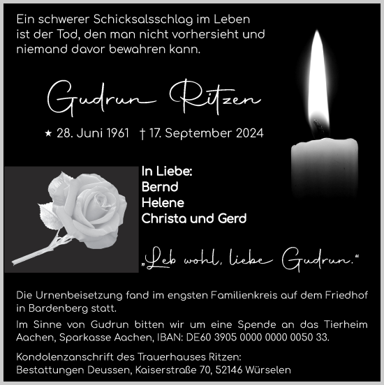 Traueranzeige von Gudrun Ritzen von Zeitung am Sonntag