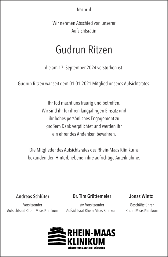 Traueranzeige von Gudrun Ritzen von Aachener Zeitung