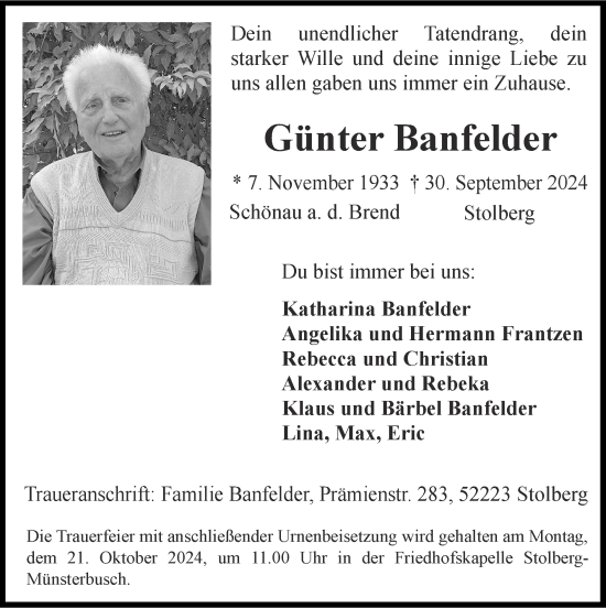 Traueranzeige von Günter Banfelder von Zeitung am Sonntag