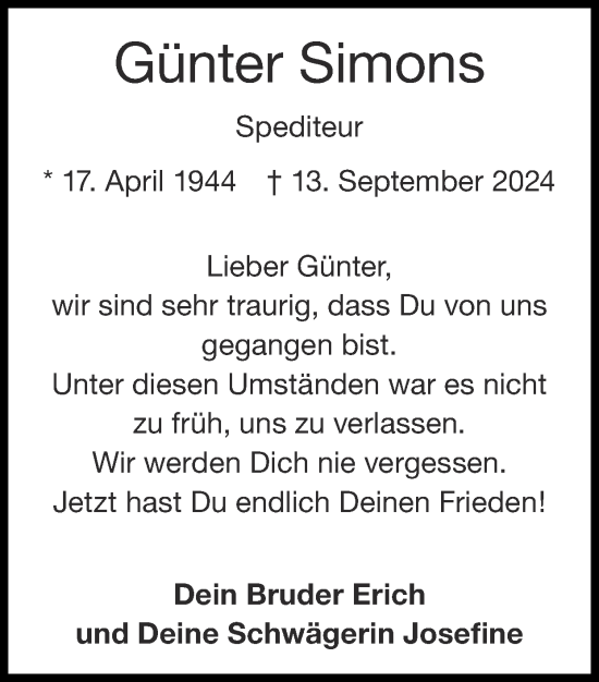 Traueranzeige von Günter Simons von Zeitung am Sonntag