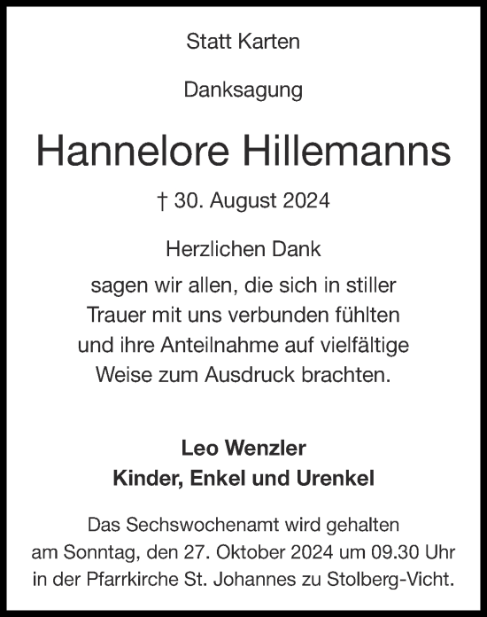 Traueranzeige von Hannelore Hillemanns von Zeitung am Sonntag