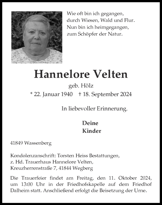 Traueranzeige von Hannelore Velten von Zeitung am Sonntag