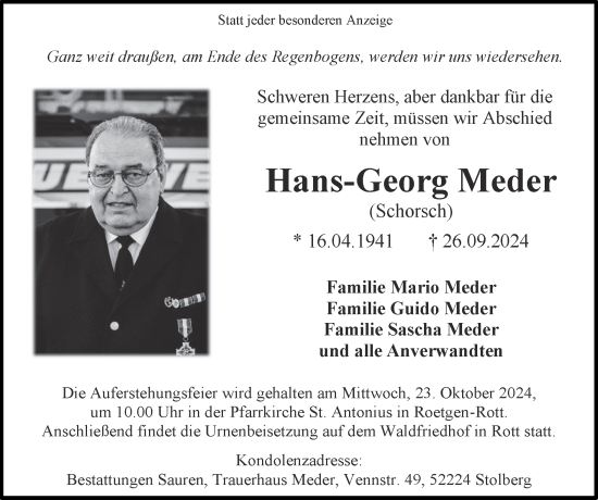 Traueranzeige von Hans-Georg Meder von Zeitung am Sonntag