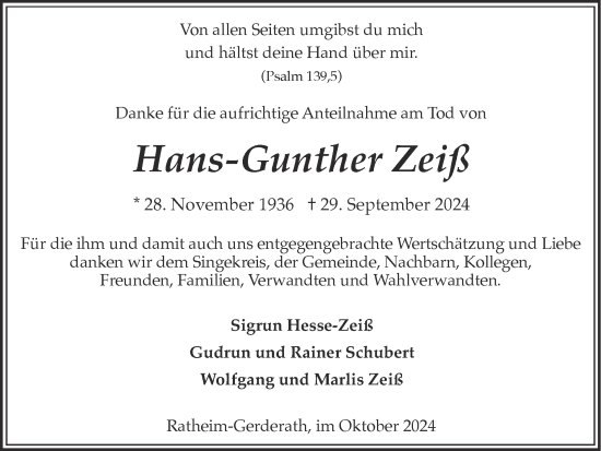 Traueranzeige von Hans-Gunther Zeiß von Zeitung am Sonntag