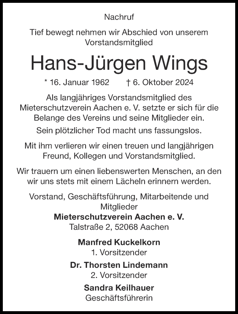  Traueranzeige für Hans-Jürgen Wings vom 12.10.2024 aus Aachener Zeitung