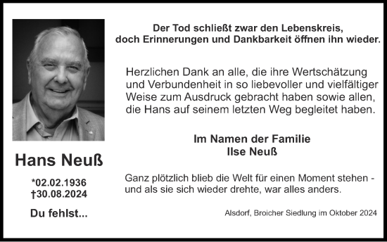 Traueranzeige von Hans Neuß von Zeitung am Sonntag