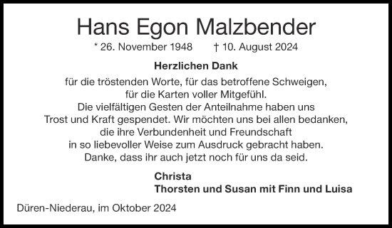 Traueranzeige von Hans Egon Malzbender von Zeitung am Sonntag