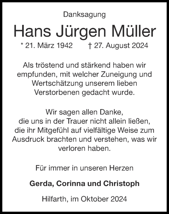 Traueranzeige von Hans Jürgen Müller von Zeitung am Sonntag