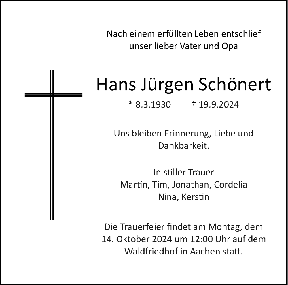  Traueranzeige für Hans Jürgen Schönert vom 12.10.2024 aus Aachener Zeitung