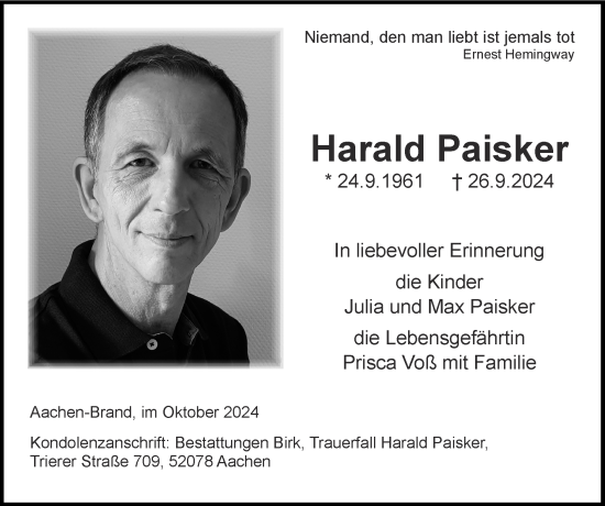 Traueranzeige von Harald Paisker von Zeitung am Sonntag