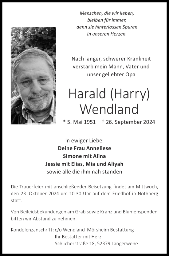 Traueranzeige von Harald Wendland von Zeitung am Sonntag