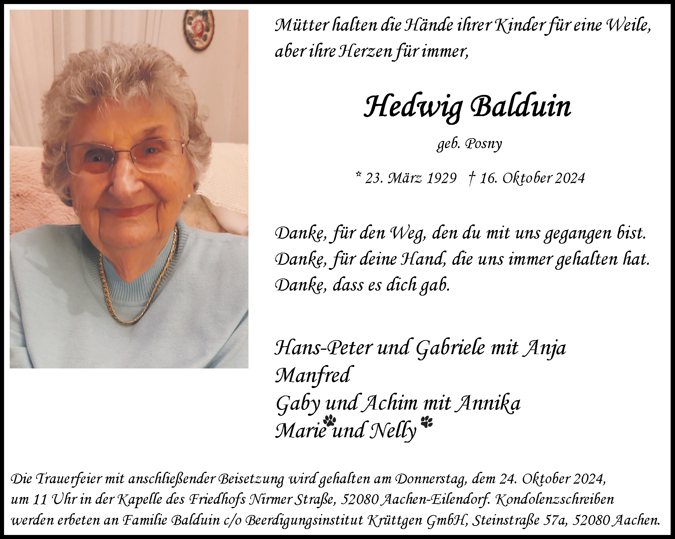  Traueranzeige für Hedwig Balduin vom 19.10.2024 aus Aachener Zeitung