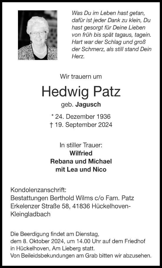 Traueranzeige von Hedwig Patz von Zeitung am Sonntag