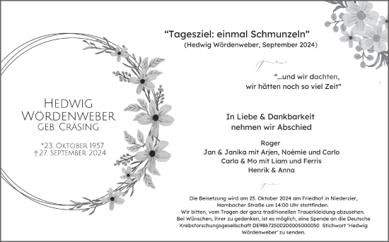 Traueranzeige von Hedwig Wordenweber von Zeitung am Sonntag