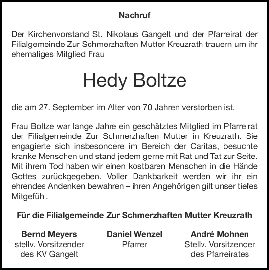 Traueranzeige von Hedy Boltze von Zeitung am Sonntag