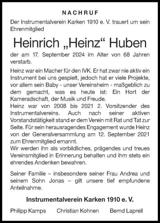 Traueranzeige von Heinrich Huben von Zeitung am Sonntag