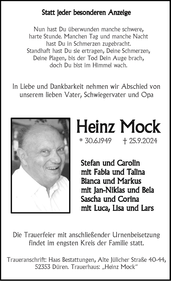 Traueranzeige von Heinz Mock von Zeitung am Sonntag