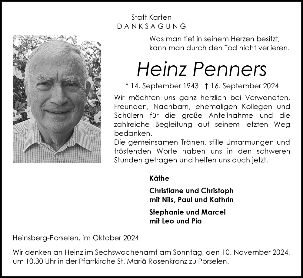  Traueranzeige für Heinz Penners vom 27.10.2024 aus Zeitung am Sonntag