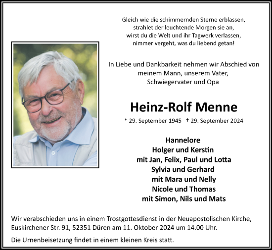 Traueranzeige von Heinz-Rolf Menne von Zeitung am Sonntag
