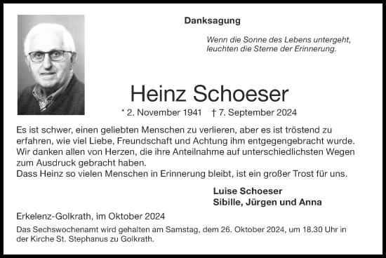 Traueranzeige von Heinz Schoeser von Zeitung am Sonntag
