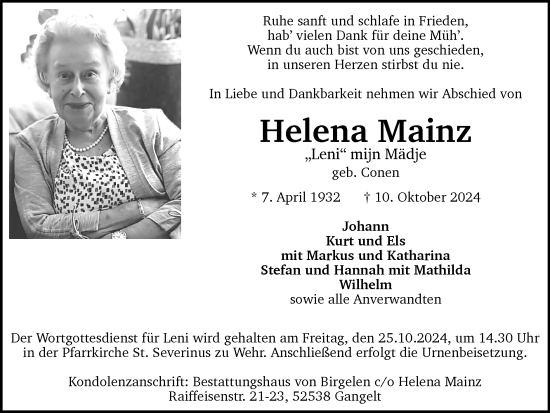 Traueranzeige von Helena Mainz von Zeitung am Sonntag