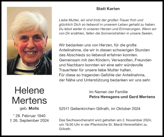 Traueranzeige von Helene Mertens von Zeitung am Sonntag