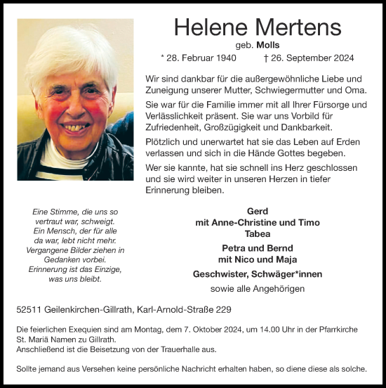 Traueranzeige von Helene Mertens von Zeitung am Sonntag