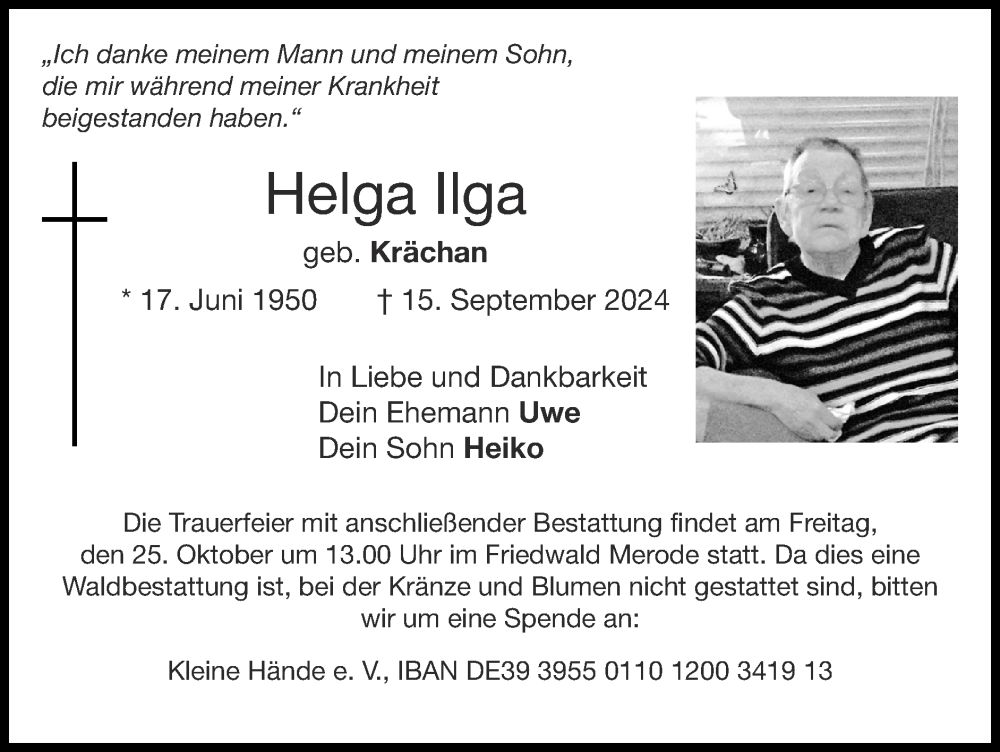  Traueranzeige für Helga Ilga vom 13.10.2024 aus Zeitung am Sonntag