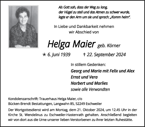 Traueranzeige von Helga Maier von Zeitung am Sonntag