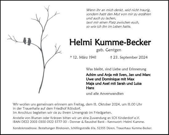 Traueranzeige von Helmi Kumme-Becker von Aachener Zeitung