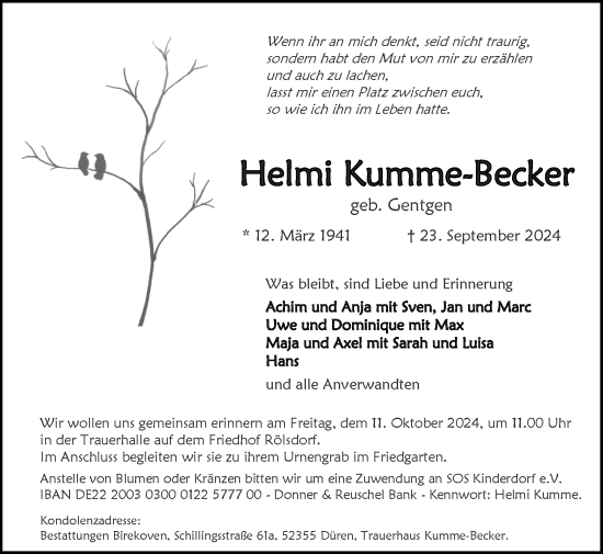 Traueranzeige von Helmi Kumme-Becker von Zeitung am Sonntag