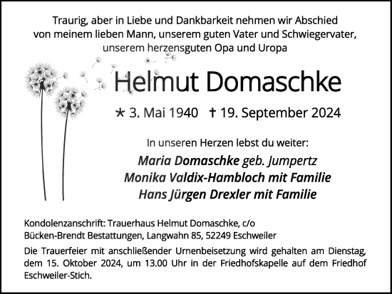 Traueranzeige von Helmut Domaschke von Zeitung am Sonntag