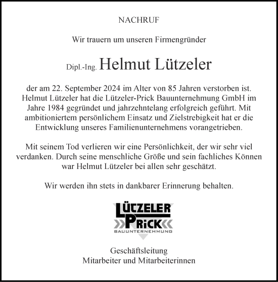 Traueranzeige von Helmut Lützeler von Aachener Zeitung