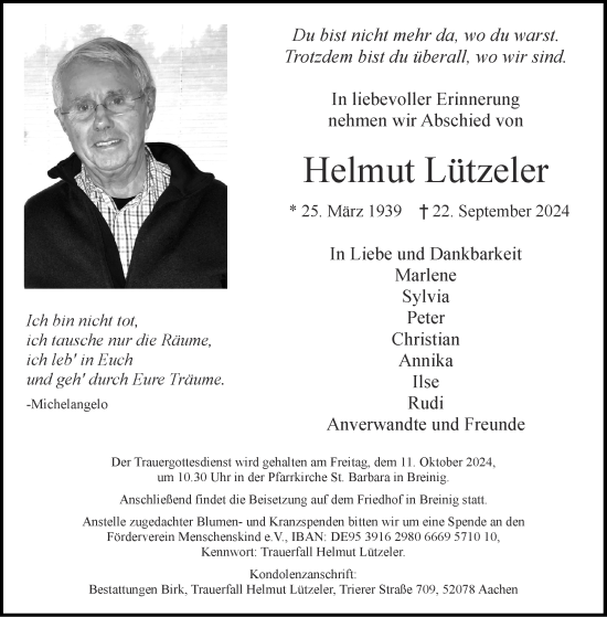 Traueranzeige von Helmut Lützeler von Aachener Zeitung