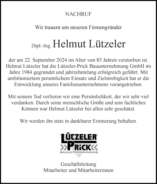 Traueranzeige von Helmut Lützeler von Zeitung am Sonntag