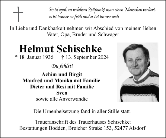Traueranzeige von Helmut Schischke von Zeitung am Sonntag