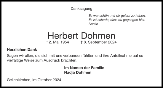 Traueranzeige von Herbert  Dohmen von Zeitung am Sonntag