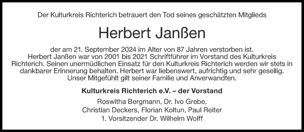  Traueranzeige für Herbert Janßen vom 26.10.2024 aus Aachener Zeitung