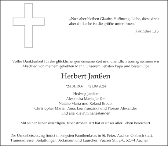 Traueranzeige von Herbert Janßen von Aachener Zeitung