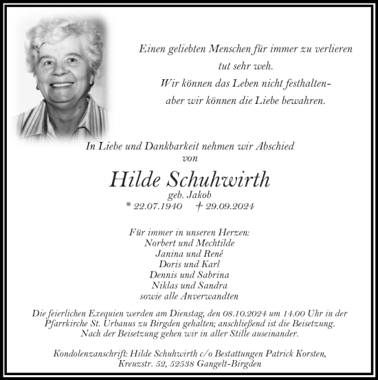 Traueranzeige von Hilde Schuhwirth von Zeitung am Sonntag