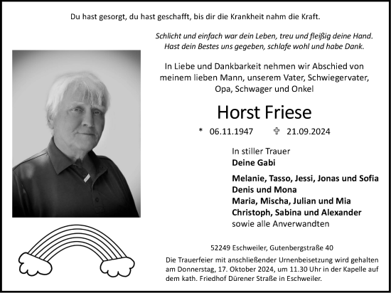 Traueranzeige von Horst Friese von Zeitung am Sonntag